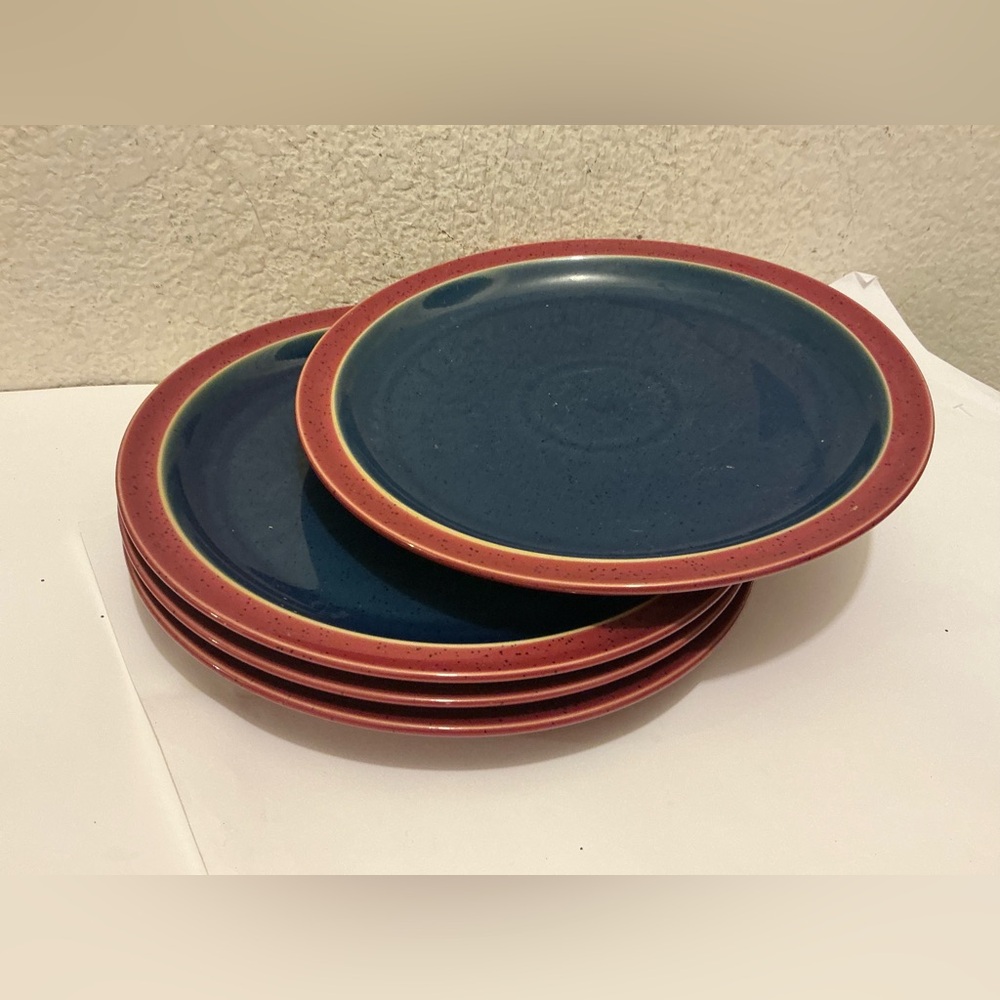 Denby HARLEQUIN Red & Blue Speckled England Stoneware 10.25" Dinner Plates Set 4